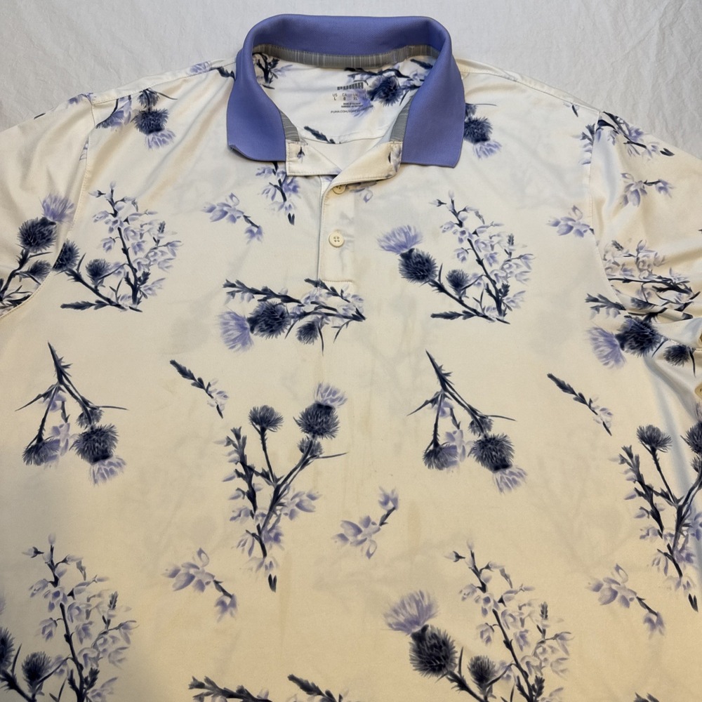 Puma Polo Shirt Mens Large GRAY FLORAL STRIPE Golf Casual S/S